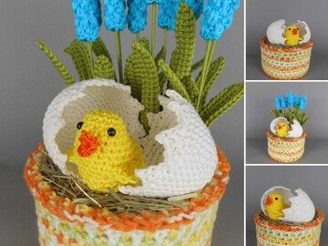 Frühlingsdeko Küken aus dem Ei mit Traubenhyazinthen - Häkelanleitung