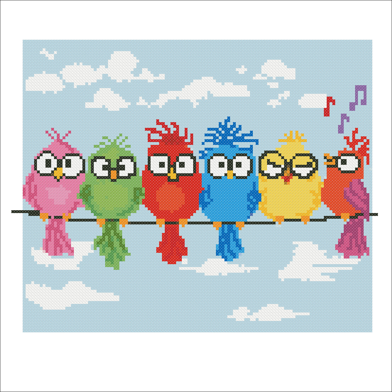 Quirky Birds on Wire Cross Stitch Pattern – Funny Colorful Birds Embroidery - Image 4