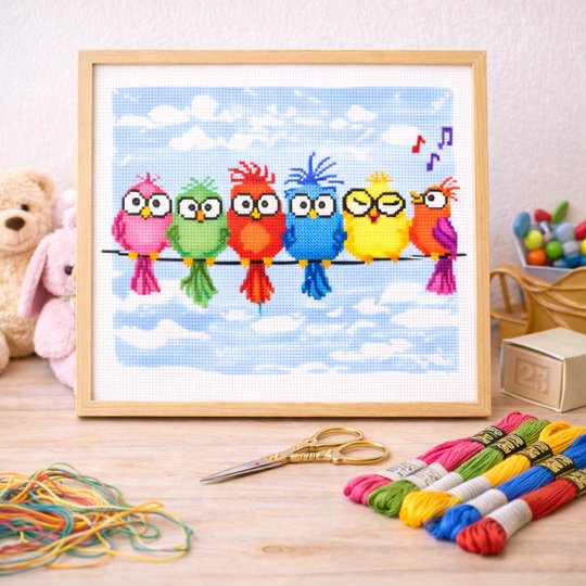 Quirky Birds on Wire Cross Stitch Pattern – Funny Colorful Birds Embroidery