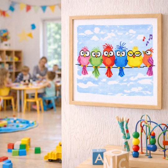 Quirky Birds on Wire Cross Stitch Pattern – Funny Colorful Birds Embroidery