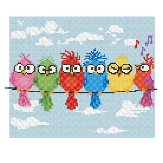Quirky Birds on Wire Cross Stitch Pattern – Funny Colorful Birds Embroidery