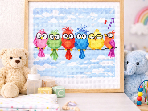 Quirky Birds on Wire Cross Stitch Pattern – Funny Colorful Birds Embroidery