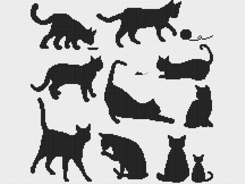 Kreuzstichvorlage Katzensilhouetten,Sampler mit zehn Katzen als PDF und PNG