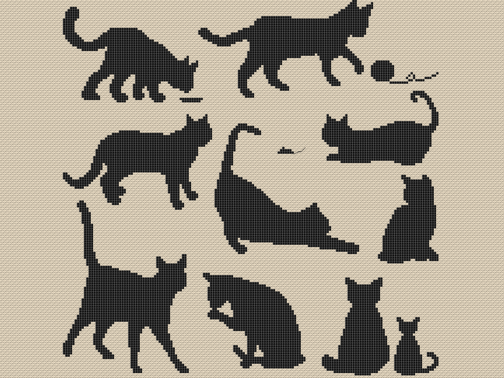 Kreuzstichvorlage Katzensilhouetten,Sampler mit zehn Katzen als PDF und PNG