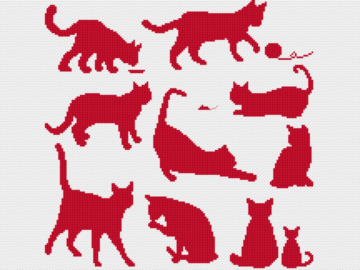 Kreuzstichvorlage Katzensilhouetten,Sampler mit zehn Katzen als PDF und PNG