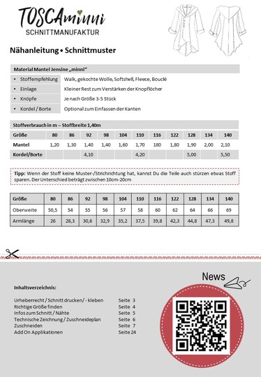 Schnittmuster Kinder Mantel Jensine "minni" Gr. 80-140