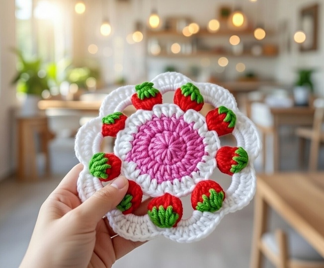 Crochet Strawberry Coaster Pattern PDF + Video Tutorial