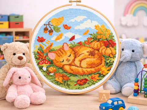 Autumn Sleeping Cat Cross Stitch Pattern | Cozy Fall Embroidery PDF