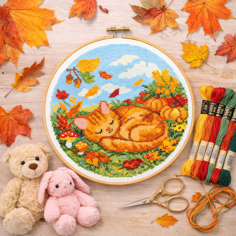 Autumn Sleeping Cat Cross Stitch Pattern | Cozy Fall Embroidery PDF - Image 2