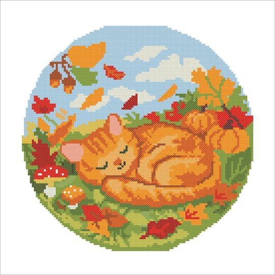 Autumn Sleeping Cat Cross Stitch Pattern | Cozy Fall Embroidery PDF