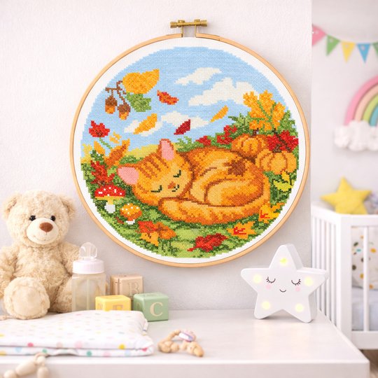 Autumn Sleeping Cat Cross Stitch Pattern | Cozy Fall Embroidery PDF