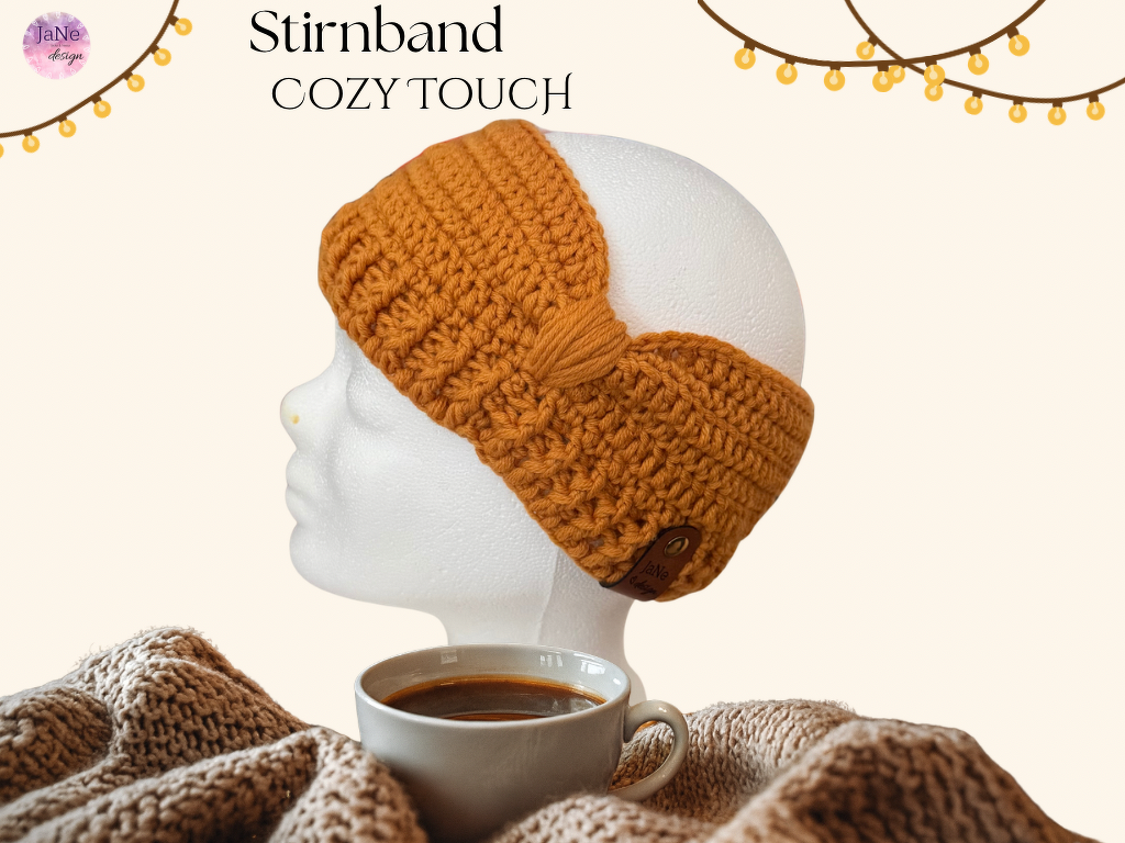 Senfgelbes gehäkeltes Stirnband mit Knoten auf weißer Schaufensterpuppe, daneben eine beige Strickdecke und eine Tasse; Lichterkette am oberen Bildrand.
