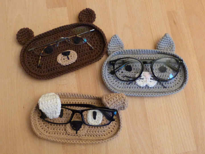 Häkelanleitung Brillenablage Hund, Katze und Bär, Brillenschale