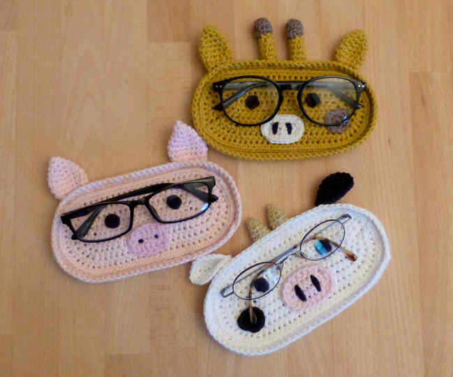 Häkelanleitung Brillenablage Kuh, Schwein und Giraffe, Brillenschale