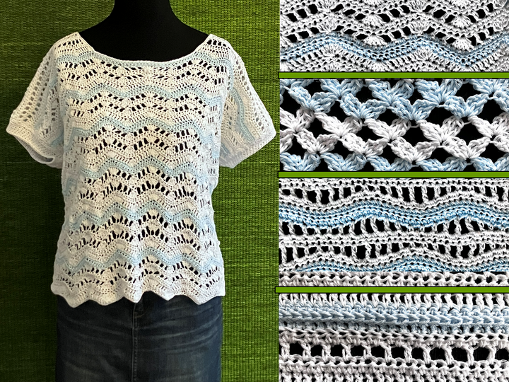 Shirt in Hellblau-Weiß - 4 Muster zur Auswahl- Häkelanleitung