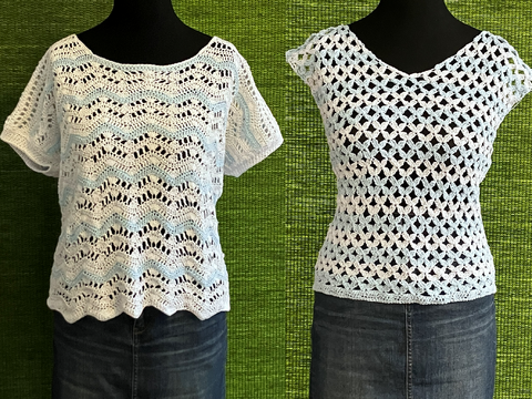 Shirt in Hellblau-Weiß - 4 Muster zur Auswahl- Häkelanleitung