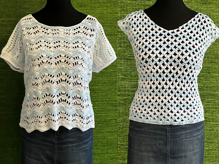 Shirt in Hellblau-Weiß - 4 Muster zur Auswahl- Häkelanleitung