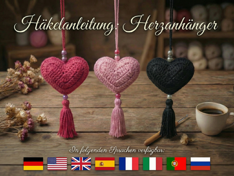 Crochet pattern for heart pendant with tassel – in 7 languages