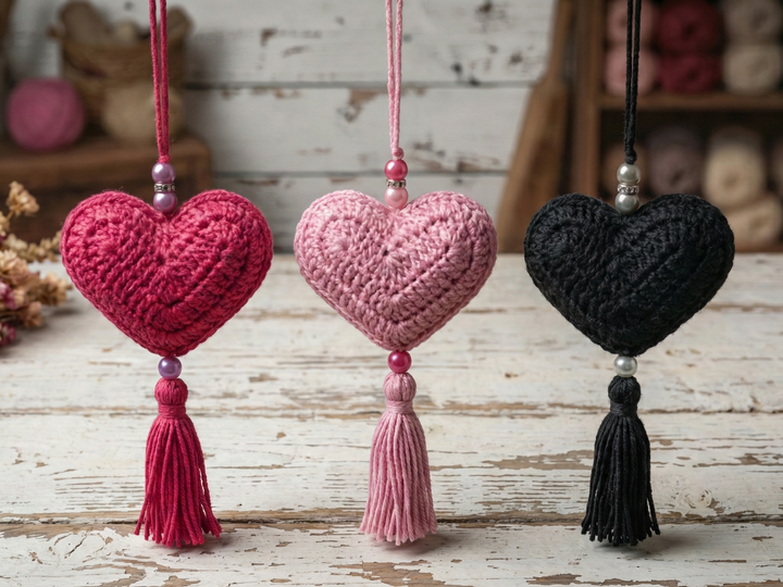 Crochet pattern for heart pendant with tassel – in 7 languages