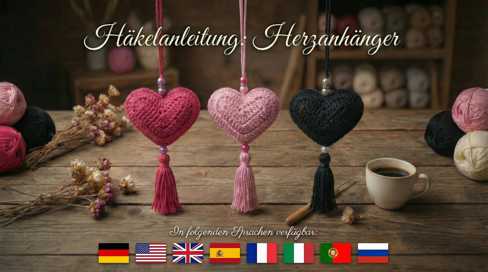 Häkelanleitung Herzanhänger mit Quaste – in 7 Sprachen