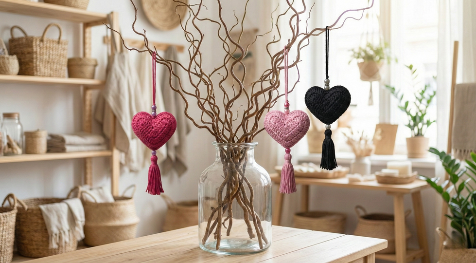 Crochet pattern for heart pendant with tassel – in 7 languages