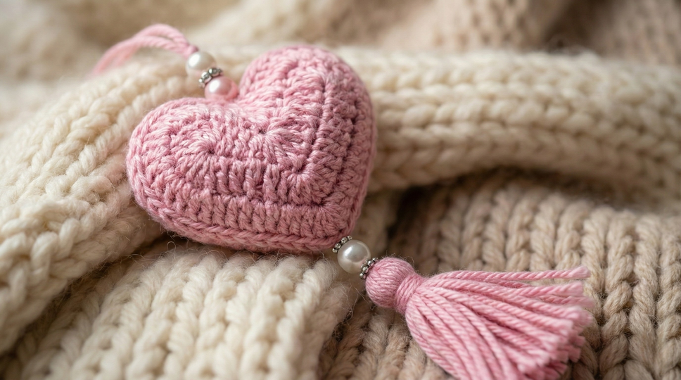 Crochet pattern for heart pendant with tassel – in 7 languages