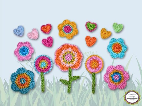 Häkelanleitung "Blumenwiese": Häkelblumen, Blümchen, Herzen, Blumen