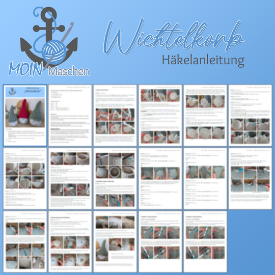 Häkelanleitung Wichtelkorb, Aufbewahrungskorb mit Deckel/Hut im Strickstich