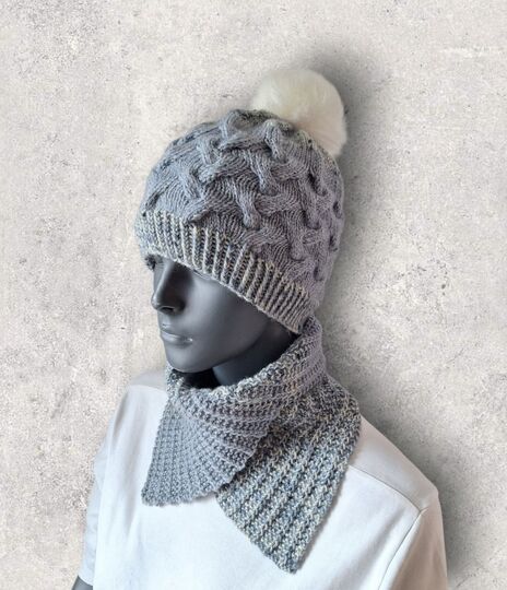 Strickanleitung Zopfmuster - Mütze und Schalkragen im Set, KU 52 - 55  #362