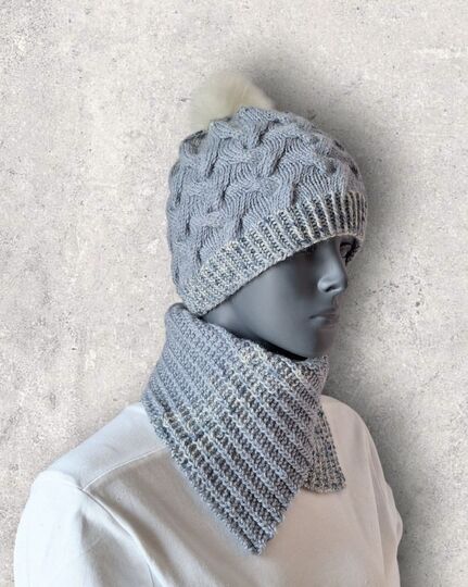 Strickanleitung Zopfmuster - Mütze und Schalkragen im Set, KU 52 - 55  #362