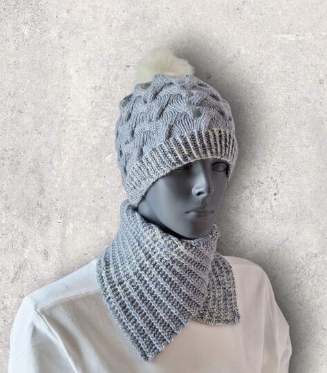 Strickanleitung Zopfmuster - Mütze und Schalkragen im Set, KU 52 - 55  #362