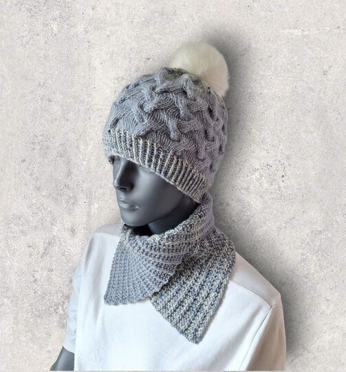 Strickanleitung Zopfmuster - Mütze und Schalkragen im Set, KU 52 - 55  #362