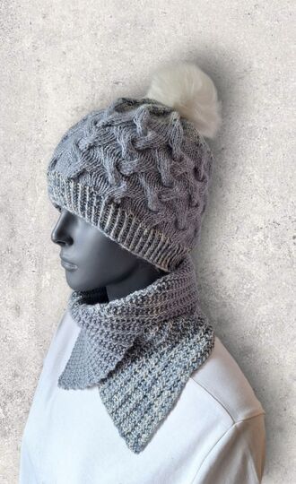 Strickanleitung Zopfmuster - Mütze und Schalkragen im Set, KU 52 - 55  #362