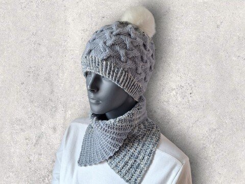 Strickanleitung Zopfmuster - Mütze und Schalkragen im Set, KU 52 - 55  #362