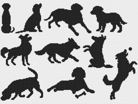 Kreuzstichvorlage Hundesilhouetten als PDF und PNG, einfarbige Hundemotive