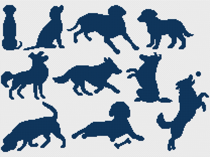 Kreuzstichvorlage Hundesilhouetten als PDF und PNG, einfarbige Hundemotive