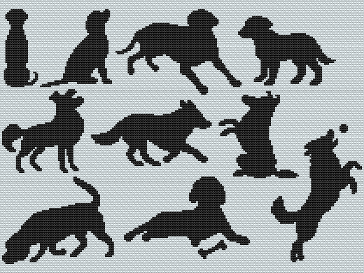 Kreuzstichvorlage Hundesilhouetten als PDF und PNG, einfarbige Hundemotive