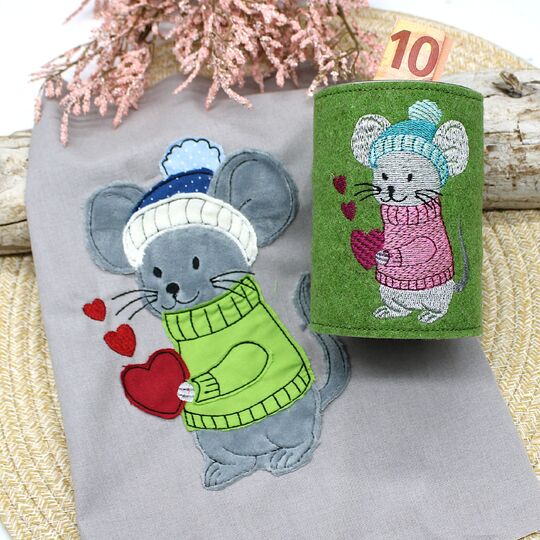 Stickdatei doodle Wintermaus mit Vollstickdatei mit Herzen