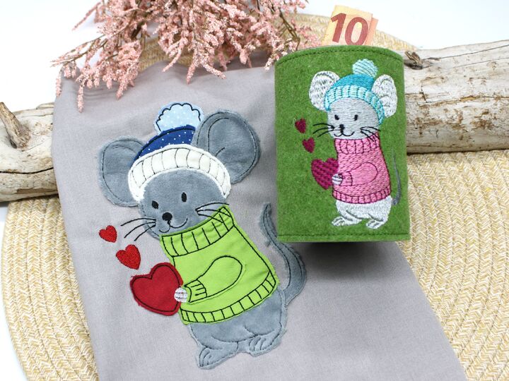 Stickdatei doodle Wintermaus mit Vollstickdatei mit Herzen