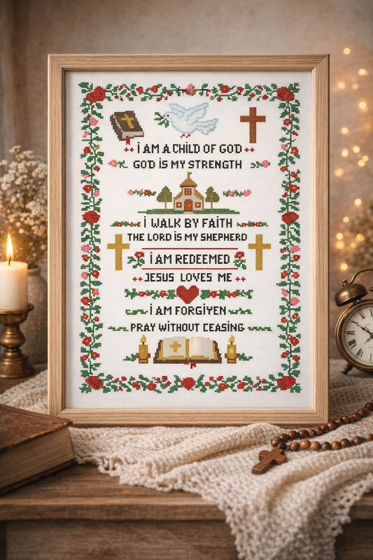 Christian Bible Affirmations Cross Stitch Sampler