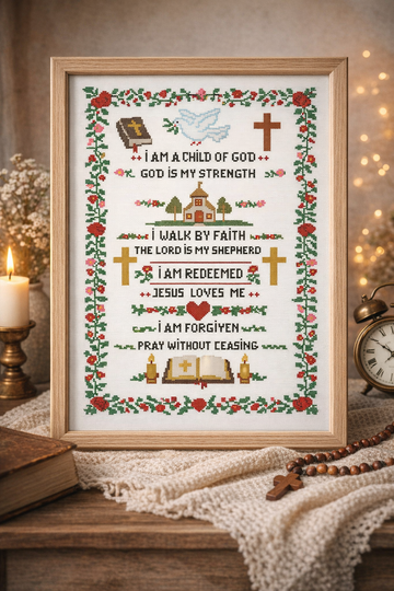 Christian Bible Affirmations Cross Stitch Sampler