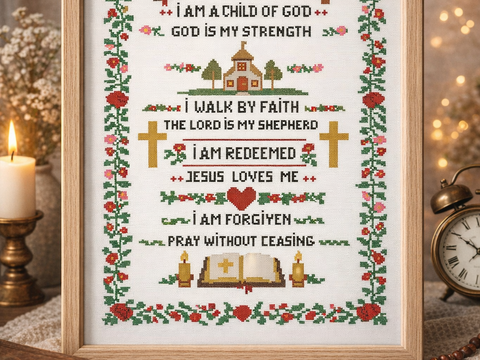 Christian Bible Affirmations Cross Stitch Sampler