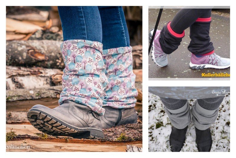 Drei Beispiele genähter Beinstulpen in verschiedenen Längen und Passformen, über Jeans, Leggings, Stiefeln und Sneakern getragen.