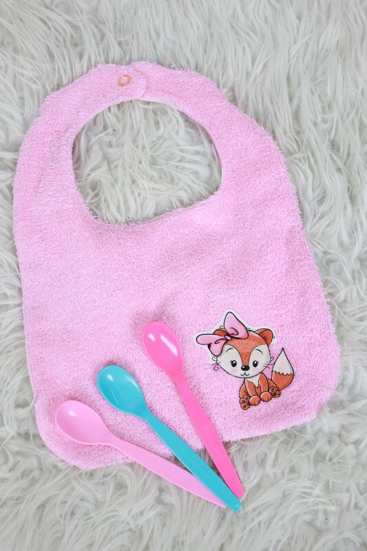 Rosa Babylätzchen mit Fuchs-Applikation und drei bunten Löffeln