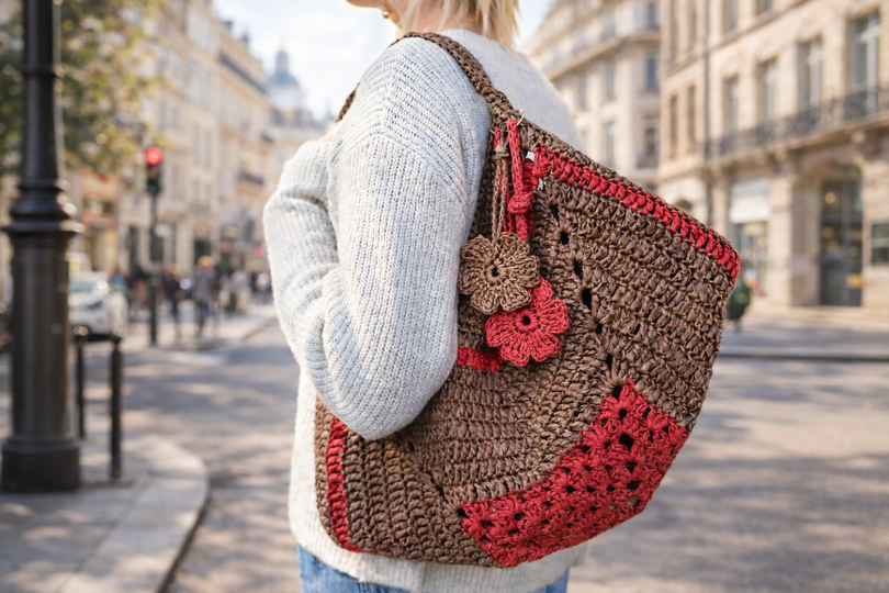 T31  Crochet pattern for a summer raffia shoulder bag.
