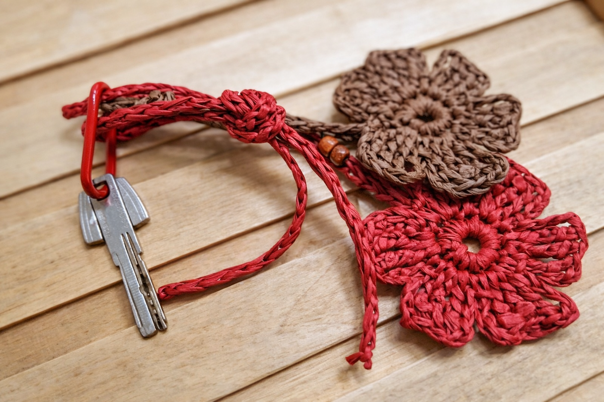 B1 Crochet pattern for a bag accessory: a raffia flower charm and keychain. - Image 3
