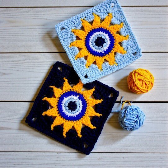 Sun Evil Eye Granny Square Crochet Pattern - Apartment Decor Boho