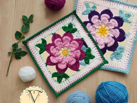 Frangipani Floral Granny Square Crochet Pattern, Colorful Mandala