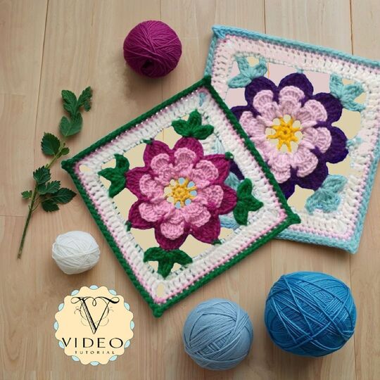 Frangipani Floral Granny Square Crochet Pattern, Colorful Mandala