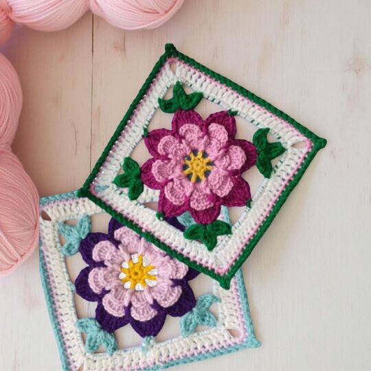 Frangipani Floral Granny Square Crochet Pattern, Colorful Mandala
